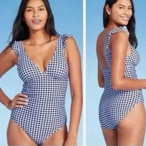 Kona Sol One Piece Swimsuit Blue and White Gingham Ruffle L - Picture 1 of 16